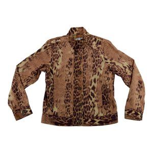 Erin London Long Sleeve Cropped Faux Suede Brown Leopard Print Zip Up Jacket S‎